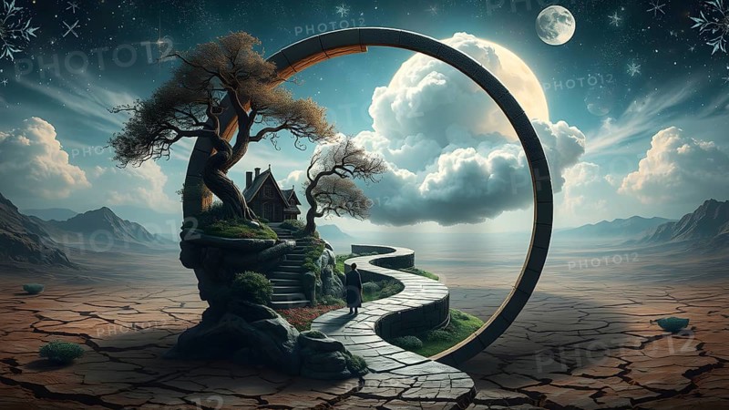 A captivating artwork depicting a circular portal revealing a dreamy world with treehouses, lush landscapes, a person on a path, surrounded by planets and cosmic wonders, AI generated