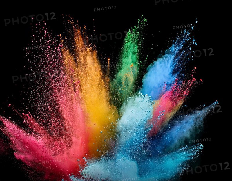 A colorful explosion powder on black background.. Multicolored powder explosion, AI generated