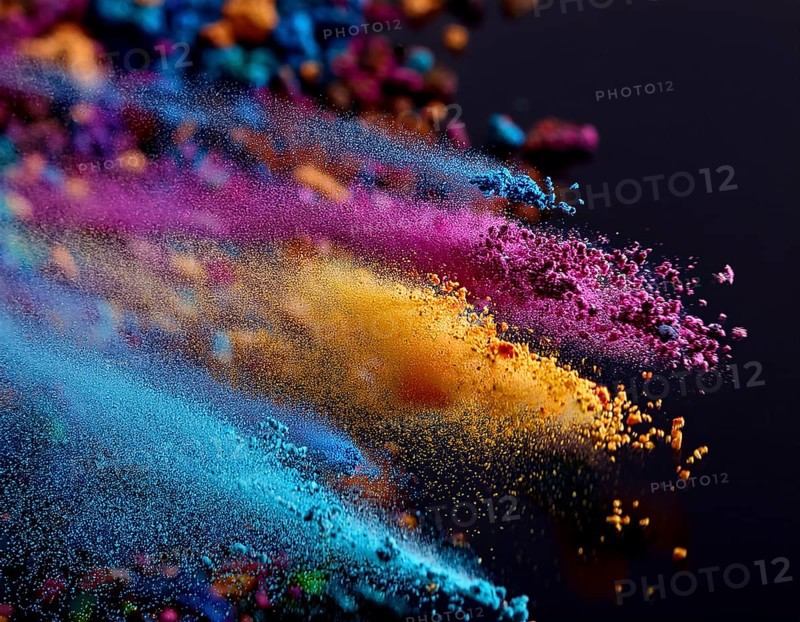 A colorful explosion powder on black background.. Multicolored powder explosion, AI generated