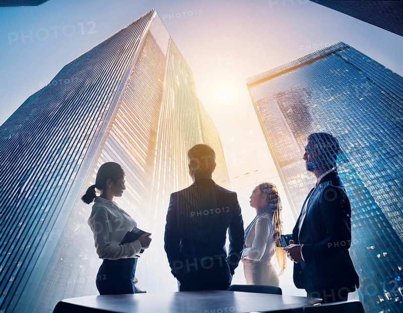 Double exposure image of business people with a modern city. Concept of teamwork, AI generated
