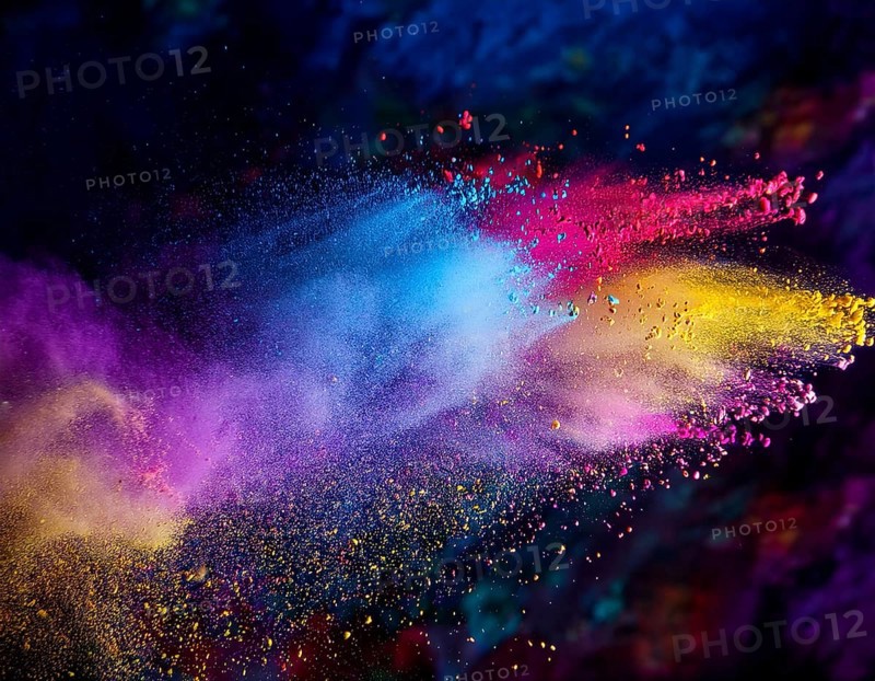 A colorful explosion powder on black background.. Multicolored powder explosion, AI generated