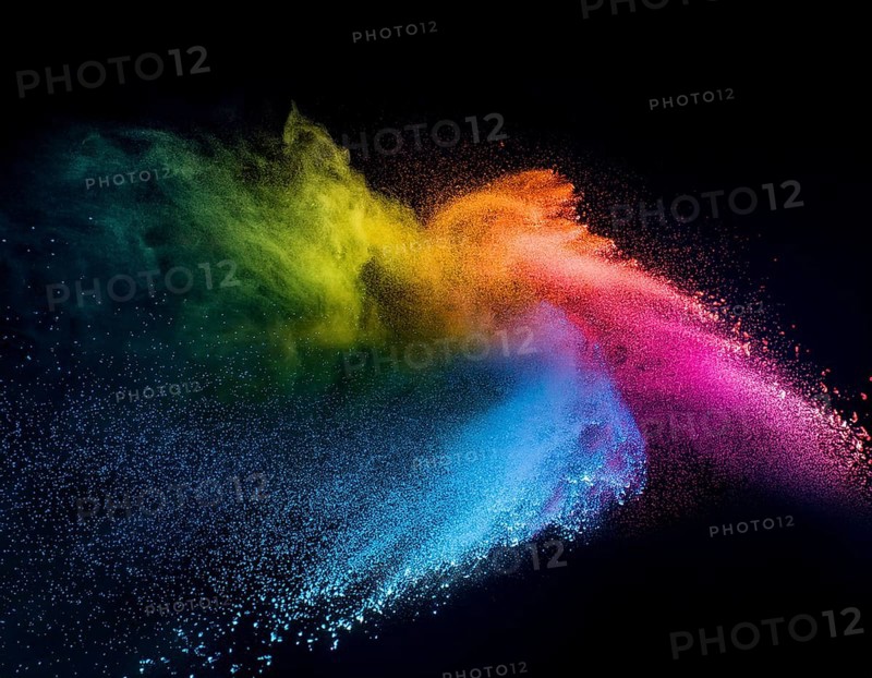 A colorful explosion powder on black background.. Multicolored powder explosion, AI generated