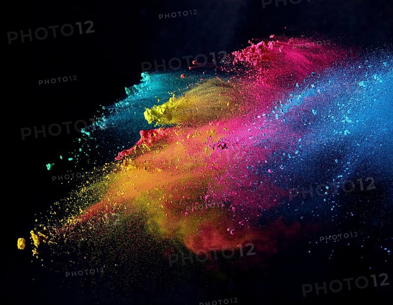 A colorful explosion powder on black background.. Multicolored powder explosion, AI generated