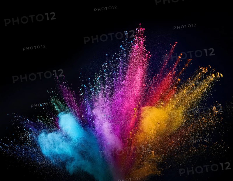 A colorful explosion powder on black background.. Multicolored powder explosion, AI generated