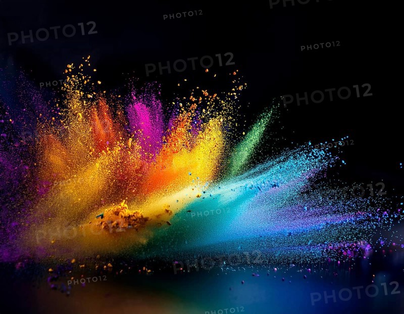 A colorful explosion powder on black background.. Multicolored powder explosion, AI generated