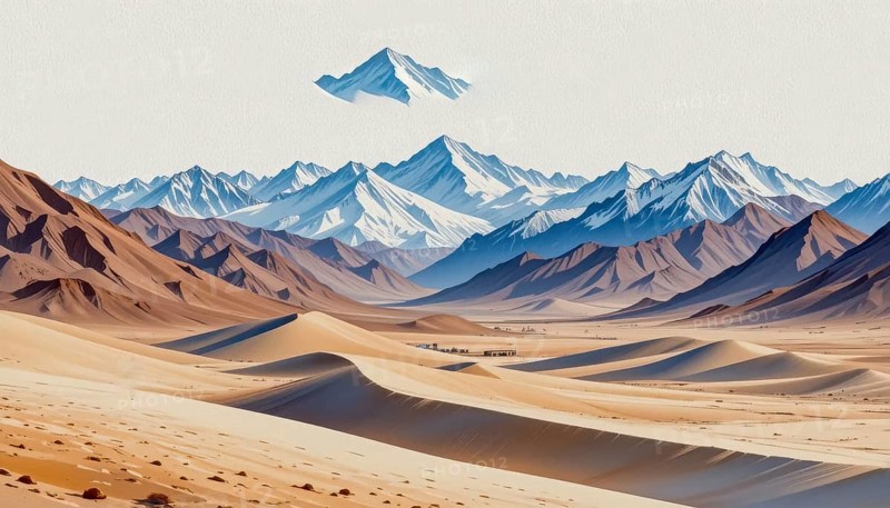 An artistic depiction of a desert scene, featuring rolling sand dunes, distant mountains, and a clear sky, evoking a sense of tranquility and vastness, AI generated