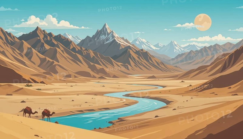 A serene desert landscape painting depicts a river winding through the valley, with mountains and camels under the sun, AI generated