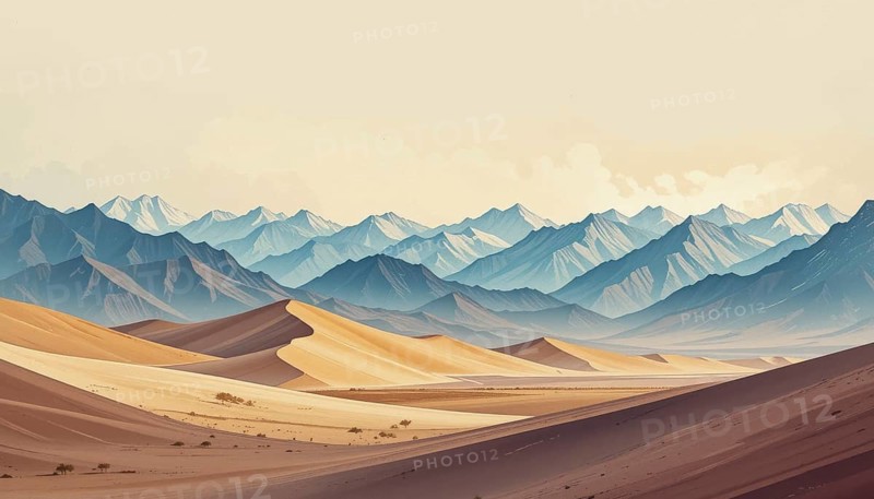 This artwork showcases a stunning desert scene with rolling sand dunes and a backdrop of layered, snow-capped mountains under a soft, pastel sky, AI generated