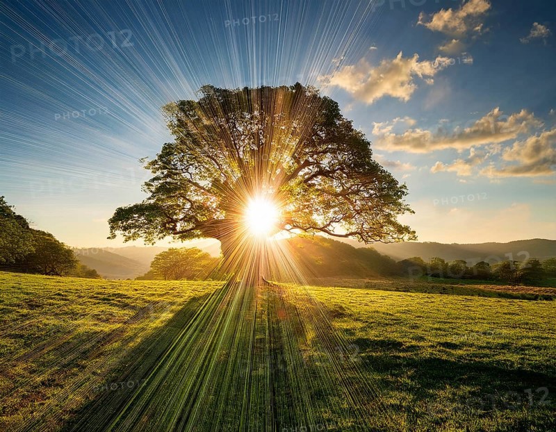 An awe-inspiring scene showcasing the sun's rays bursting through a solitary tree, illuminating a tranquil green meadow against a dramatic morning sky. A symbol of peace, life, and scenic nature, AI generated