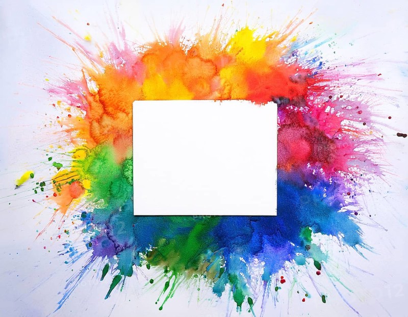 Vibrant watercolor splash in rainbow hues framing a oval white blank circle, perfect for creative designs, AI generated