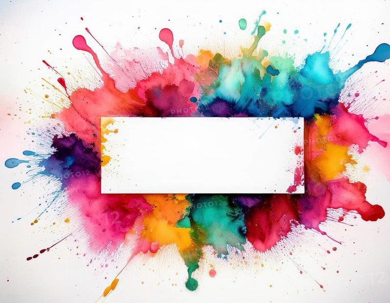 Vibrant watercolor splash in rainbow hues framing a oval white blank circle, perfect for creative designs, AI generated