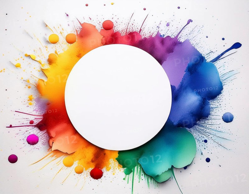 Vibrant watercolor splash in rainbow hues framing a central white blank circle, perfect for creative designs, AI generated