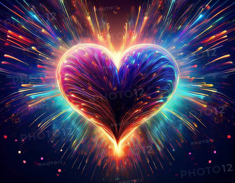 Colorful artistic display featuring vibrant light patterns shaped like a heart, expressing love and creativity through illuminated fibers in a mesmerizing spectrum of rainbow hues, AI generated