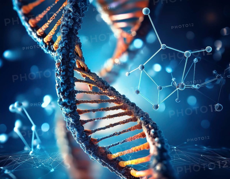 Colorful depiction of a DNA strand, highlighting molecular connections and biology insights, emphasizing innovation and science, AI generated