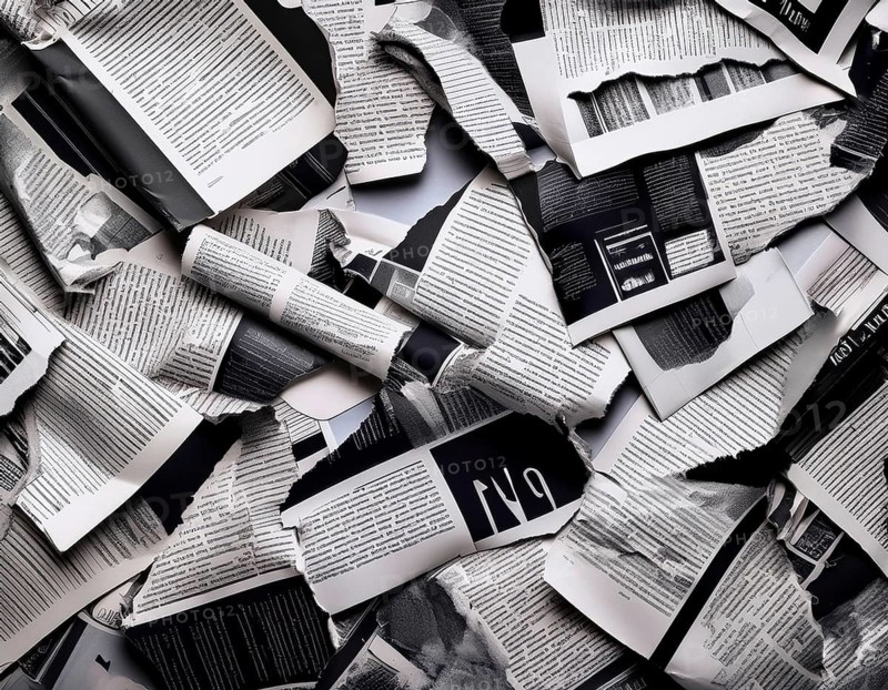 A collage of torn black-and-white newspaper and magazine pages creates a detailed and artistic abstract composition, evoking ideas of texture, information, and creativity, AI generated