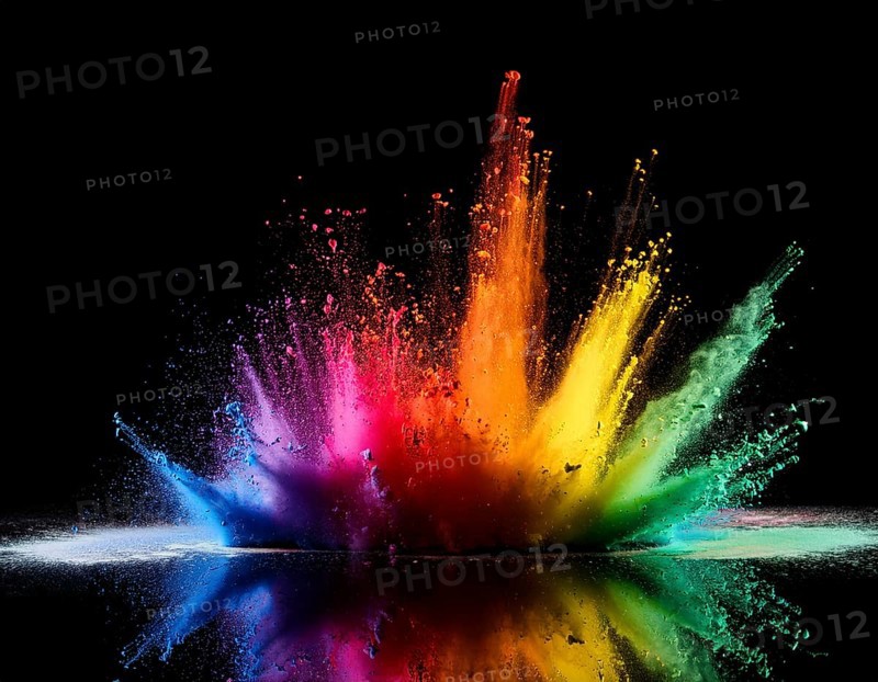 Vibrant and energetic multicolored powder explosion captured against a dark background. Evoking festival celebrations reminiscent of Holi, with dynamic motion and graphic potential for creative artistic projects, AI generated