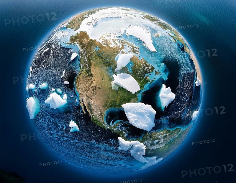 A symbolic depiction of Earth submerged in ocean water amidst melting ice, emphasizing climate change, global warming effects, and environmental conservation. The image portrays rising sea levels and dramatic environmental consequences, AI generated