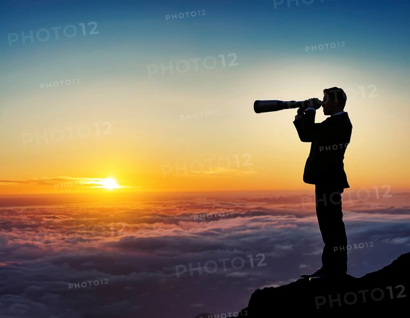 Businessman Standing on Mountain Peak Observing Horizon with Telescope, AI generated