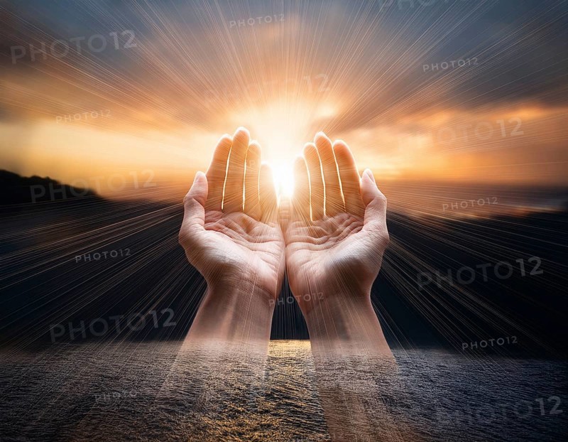 Image of open hands embracing a radiant light source, embodying concepts of hope, spirituality, and inspiration. Features strong symbolism and evocative atmosphere for spiritual, motivational, or artistic themes, AI generated