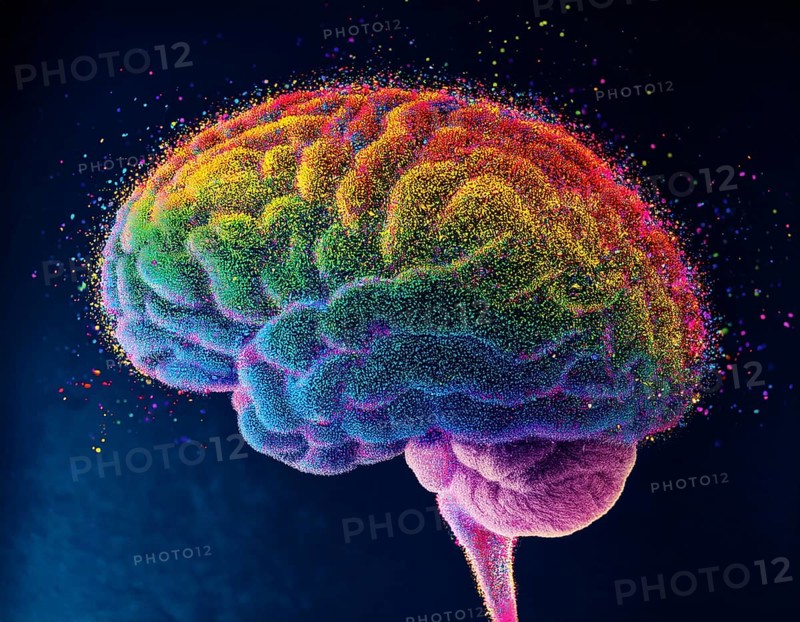Vivid artistic interpretation of a human brain featuring a spectrum of colors and dotted patterns. Expresses creativity, neuroscience, and cognitive exploration in a visually striking style, AI generated