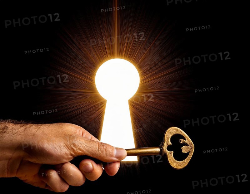 A hand holds an antique key, leading to a bright light in a keyhole shape, symbolizing opportunity, access, and unlocking potential, AI generated