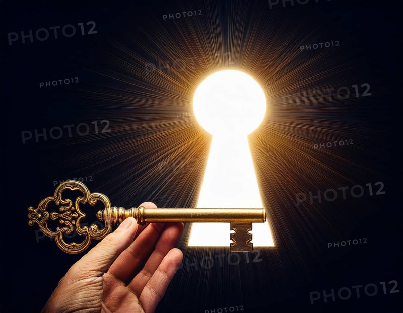 A hand holds an antique key, leading to a bright light in a keyhole shape, symbolizing opportunity, access, and unlocking potential, AI generated
