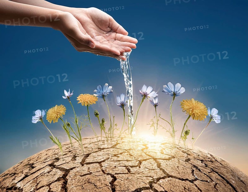 Symbolizing hope and resilience, a flower thrives in a dry desert landscape, nourished by water from supportive hands amidst a barren environment, representing growth despite adverse conditions, AI generated