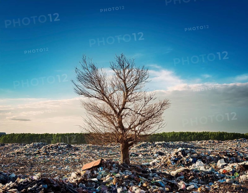 A solitary green tree amidst a landscape filled with trash and waste, symbolizing environmental degradation and the need for conservation efforts. Captures contrast between nature's beauty and human-made pollution, AI generated