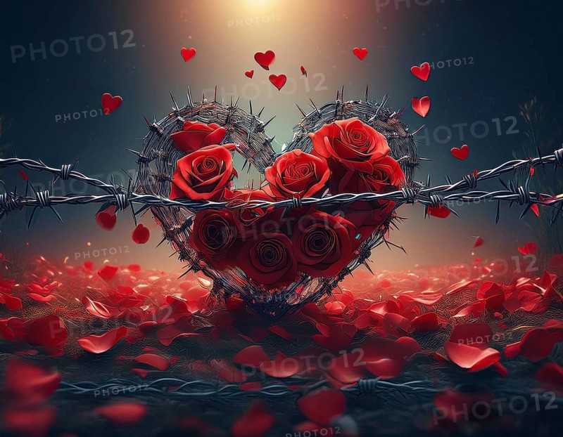 A symbolic depiction of a red heart entwined in barbed wire, embodying themes of emotional conflict and love under challenging circumstances, AI generated