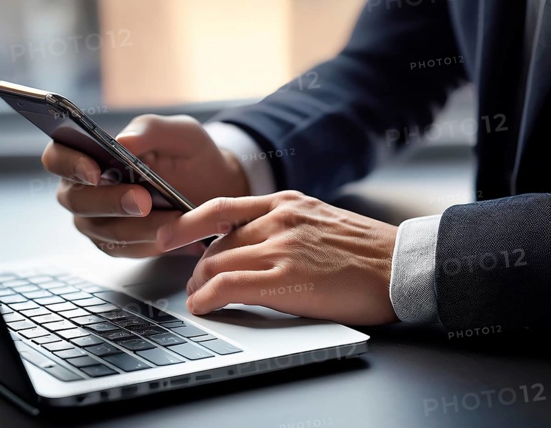 A man in a professional office environment multitasking with a smartphone and laptop, conveying productivity, technology integration, and modern working practices, AI generated