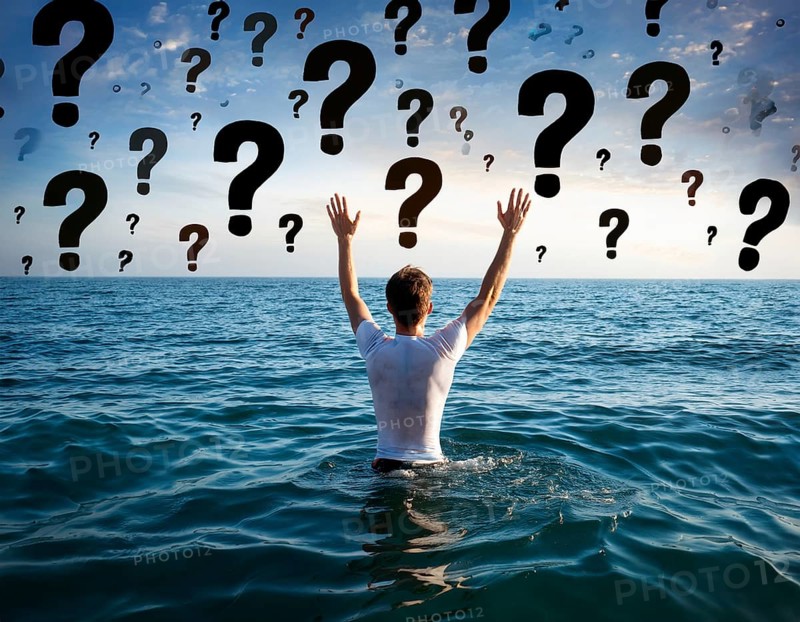 An extended hand emerges from water surrounded by floating question marks, artistically representing ambiguity, seeking answers, or a metaphorical call for help in a conceptual perspective, AI generated
