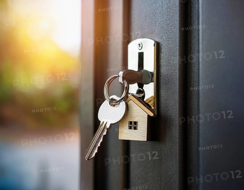 A key with a house-shaped keychain inserted into a keyhole, symbolizing home security and property concepts, AI generated