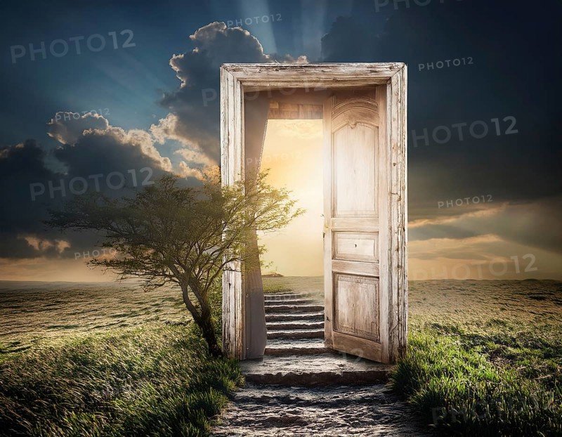Glowing door is a portal to another world. Mysterious door with glowing light, AI generated