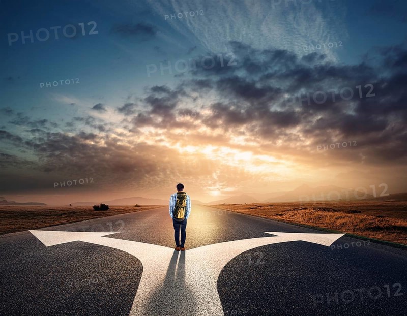 Directional Signpost at Forked Path Illustrating Decision and Choices in Nature, AI generated