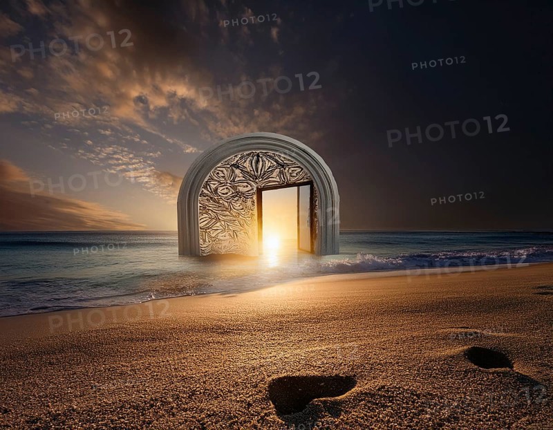 Glowing door is a portal to another world. Mysterious door with glowing light, AI generated