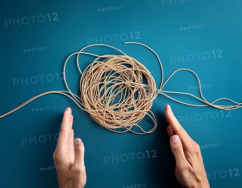A close-up of a professional ipresenting a piece of intricate, tangled wire, symbolizing complexity, solution-finding, and creative problem-solving in a business or conceptual context, AI generated