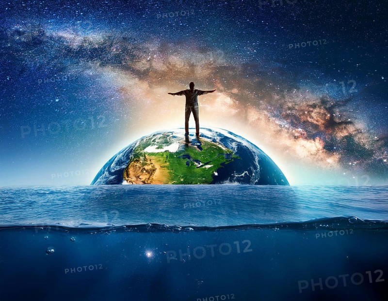 A symbolic depiction of Earth submerged in ocean water amidst melting ice, emphasizing climate change, global warming effects, and environmental conservation. The image portrays rising sea levels and dramatic environmental consequences, AI generated