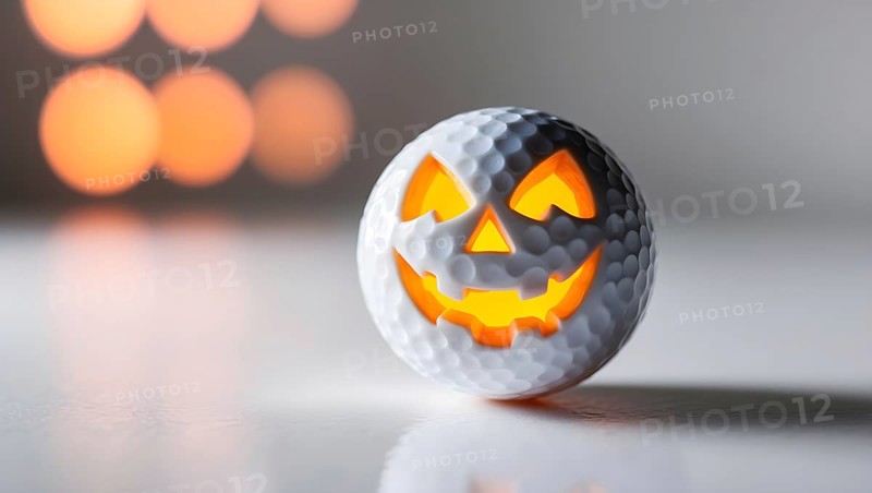A creatively designed golf ball with a carved, glowing from within with a warm orange light jack-o'-lantern face, perfect for Halloween decor. AI generated