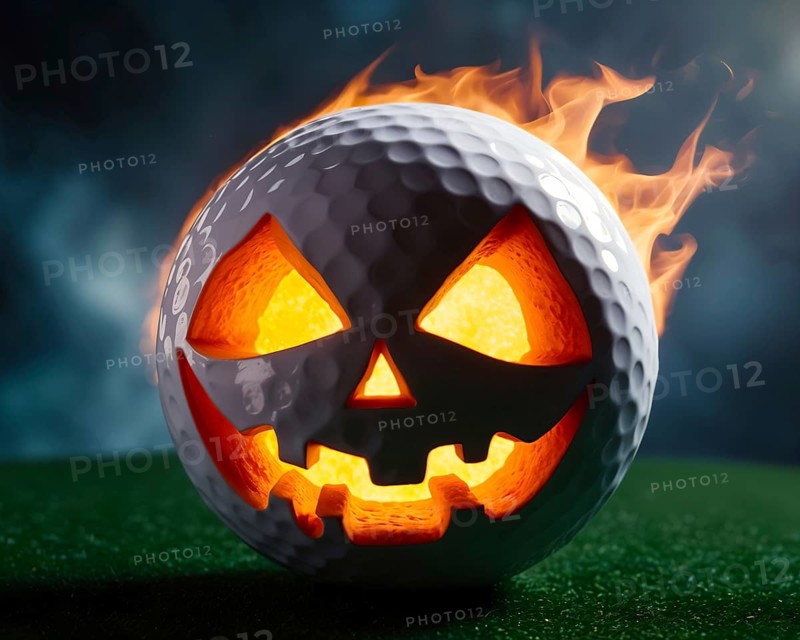 Close up of a burning golf ball styled as a jack-o'-lantern in fire with flames on a grass surface, creating a spooky Halloween atmosphere. AI generated