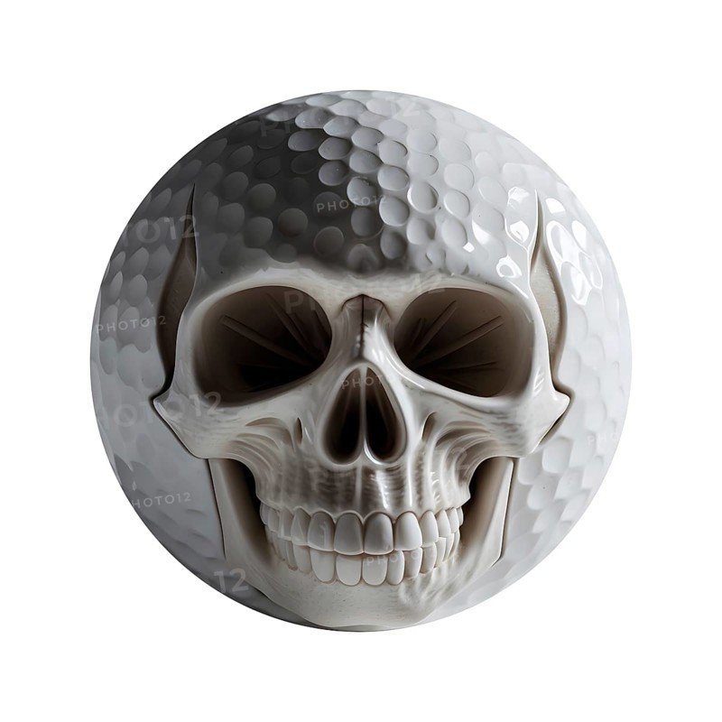 A white golf ball features a detailed skull design on white background that adds a spooky touch for Halloween. Ideal for festive golf games or as a unique decoration. AI generated