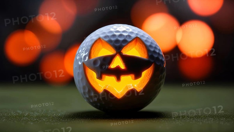 Glowing carved jack o lantern golf ball on Halloween night at golf course with festive lights in background. AI generated