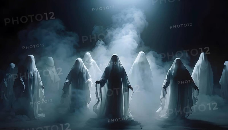 A group of ghostly figures shrouded in white cloaks emerge from thick fog under dim lighting, creating a mysterious and eerie atmosphere. AI generated