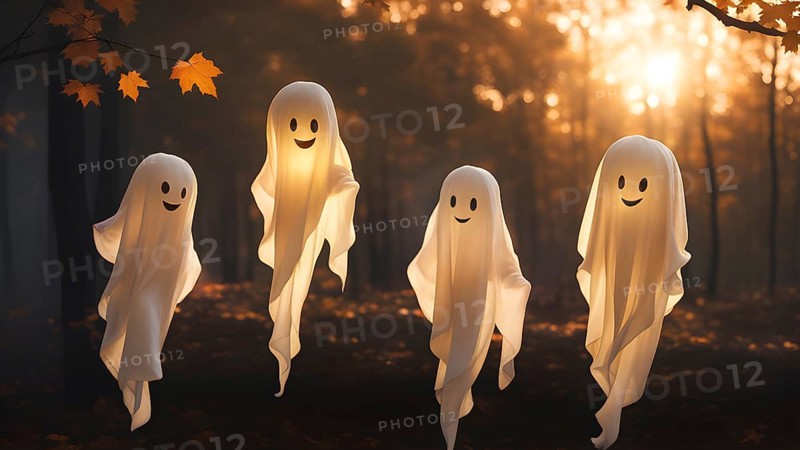 Cute lovely white ghosts float in the air in the autumn forest, the sunset light breaks through trees in background. AI generated
