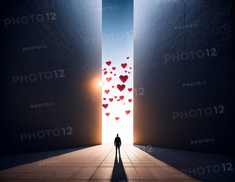A striking artistic scene depicting a silhouette of a person beneath a vertical column of floating red hearts against a high-contrast background, evoking a sense of love, passion, and wonder, AI generated