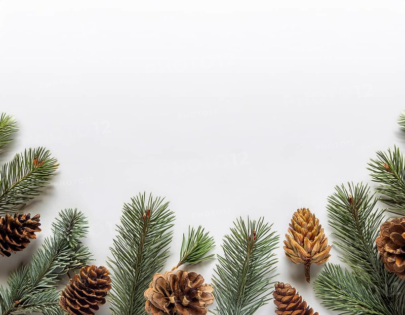 Holiday-themed flat lay with evergreen pine branches and pine cones, evoking a minimalist and festive atmosphere, perfect for winter and seasonal designs, greeting cards, or decorating ideas, AI generated