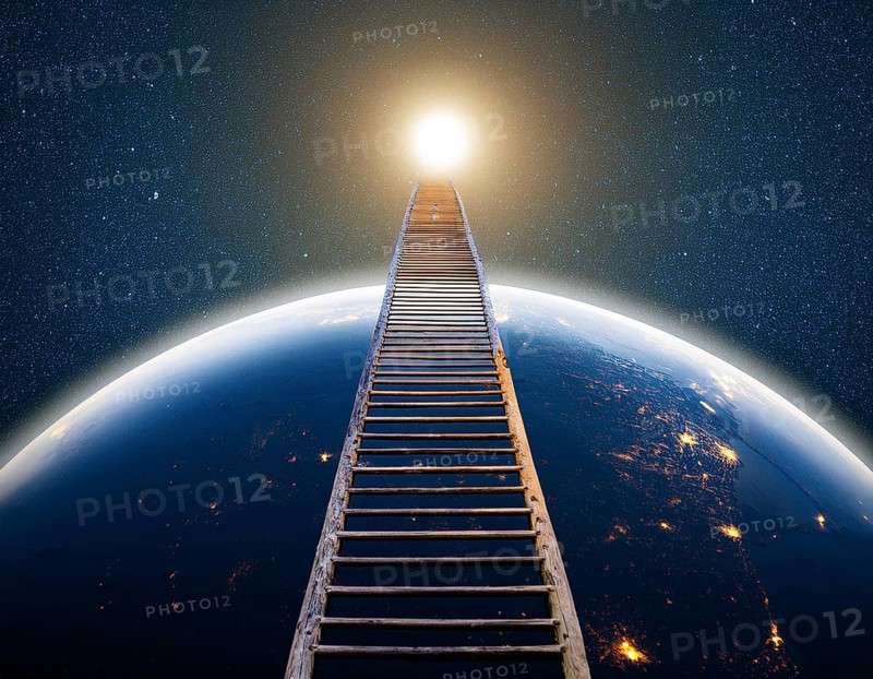 A ladder extends toward the glowing full moon against a starry night sky, evoking dreams and aspiration within a cosmic, surreal landscape filled with wonder and exploration beyond limits, AI generated