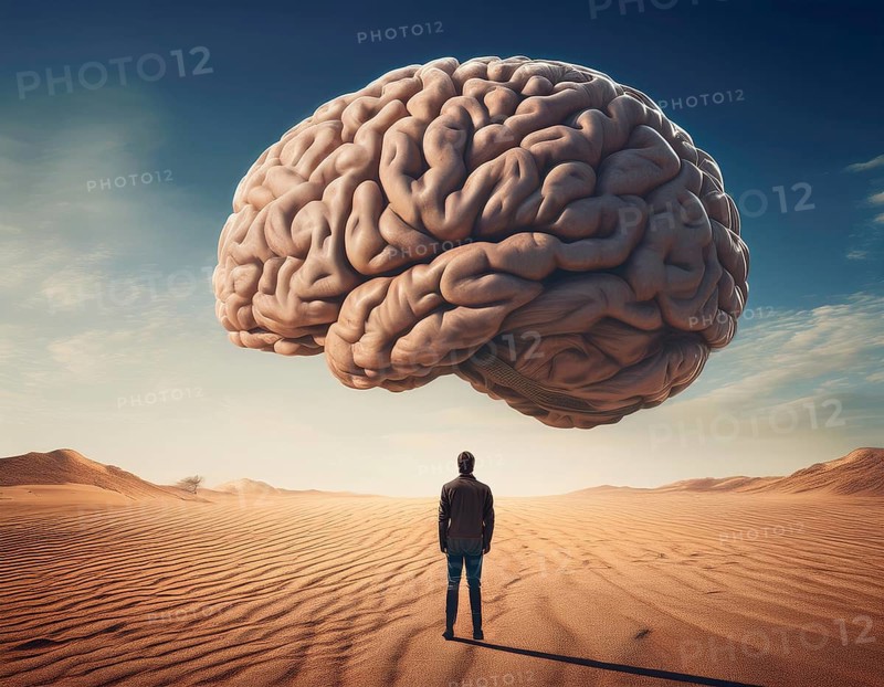 A lone figure stands before a giant brain floating in a surreal desert setting, symbolizing introspection, intelligence, and the complexity of thought, AI generated