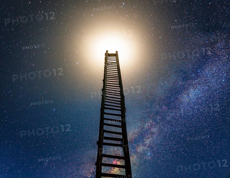 A ladder extends toward the glowing full moon against a starry night sky, evoking dreams and aspiration within a cosmic, surreal landscape filled with wonder and exploration beyond limits, AI generated