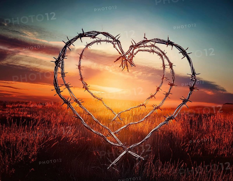 A symbolic depiction of a red heart entwined in barbed wire, set against a blurred warm-toned bokeh background, embodying themes of emotional conflict and love under challenging circumstances, AI generated