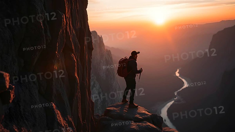 Far silhouette of exploration of an adventurous traveler on the blink of the cliff. AI generated image, ai